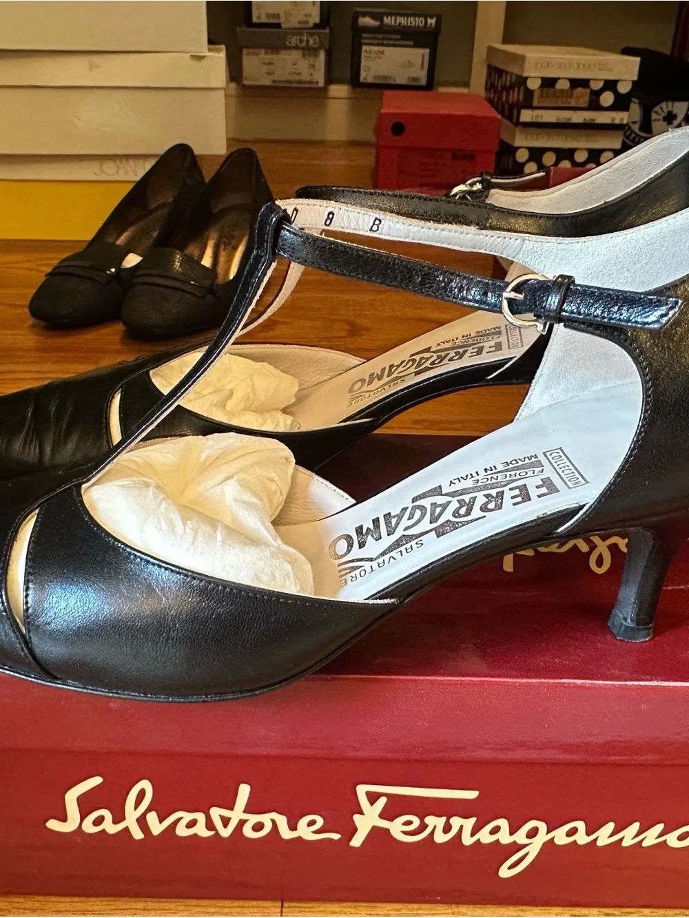 Salvatore Ferragamo Black Leather T-Strap Pointed Pumps
